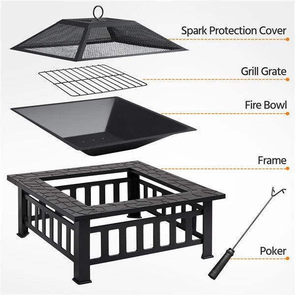 Brasero Extérieur 3 en 1 Carrée Multifonctionnelle 86x86x54cm Brasero de Table