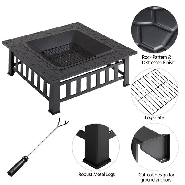 Brasero Extérieur 3 en 1 Carrée Multifonctionnelle 86x86x54cm Brasero de Table