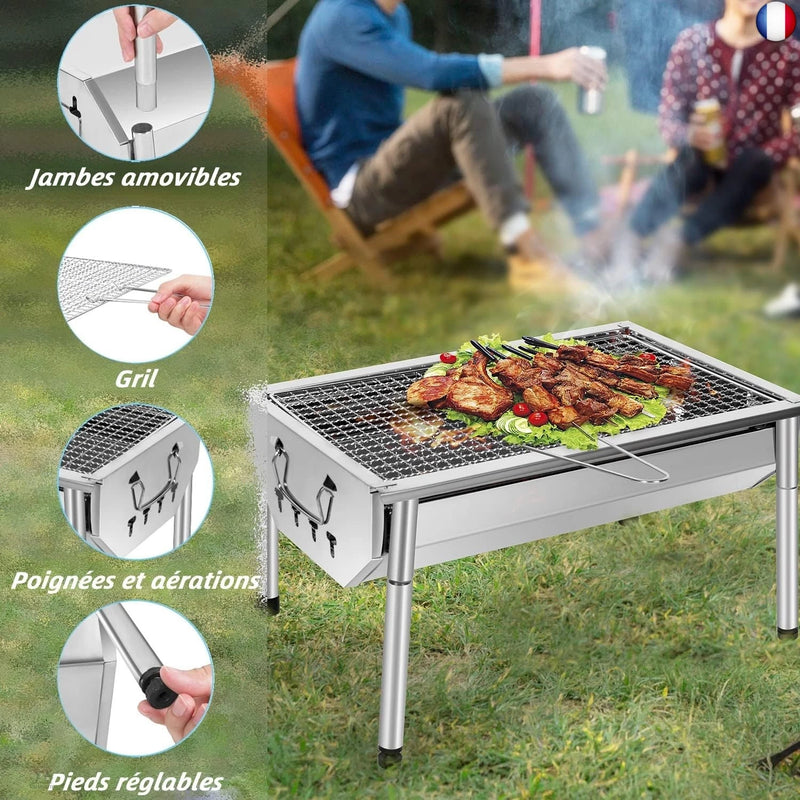 SunJas Barbecue Charbon de Bois Inox Ajustable Barbecue Démontable en Acier
