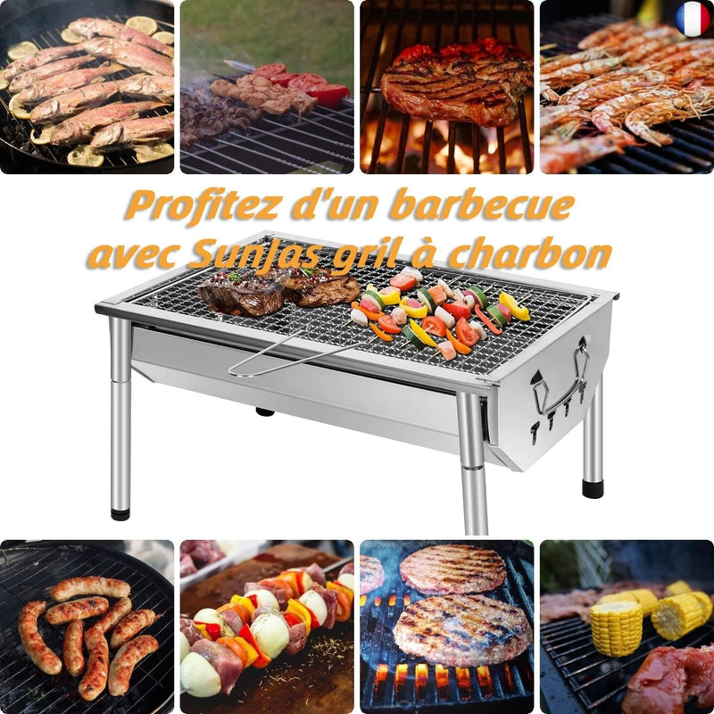 SunJas Barbecue Charbon de Bois Inox Ajustable Barbecue Démontable en Acier